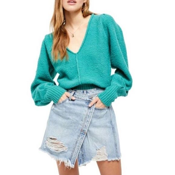 Free People Sweaters - Free people reverie v neck puff sleeve sweater women’s size‎ S